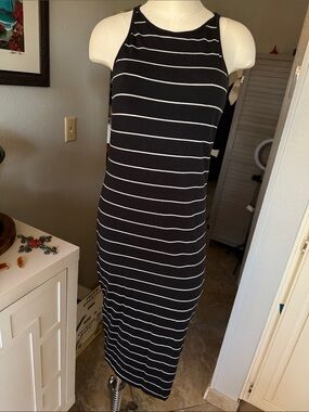 Athleta Black and White Striped Midi Tank Dress